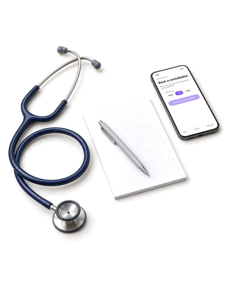 A stethoscope, a prescription pad and a phone showing consultation booking, coming soon