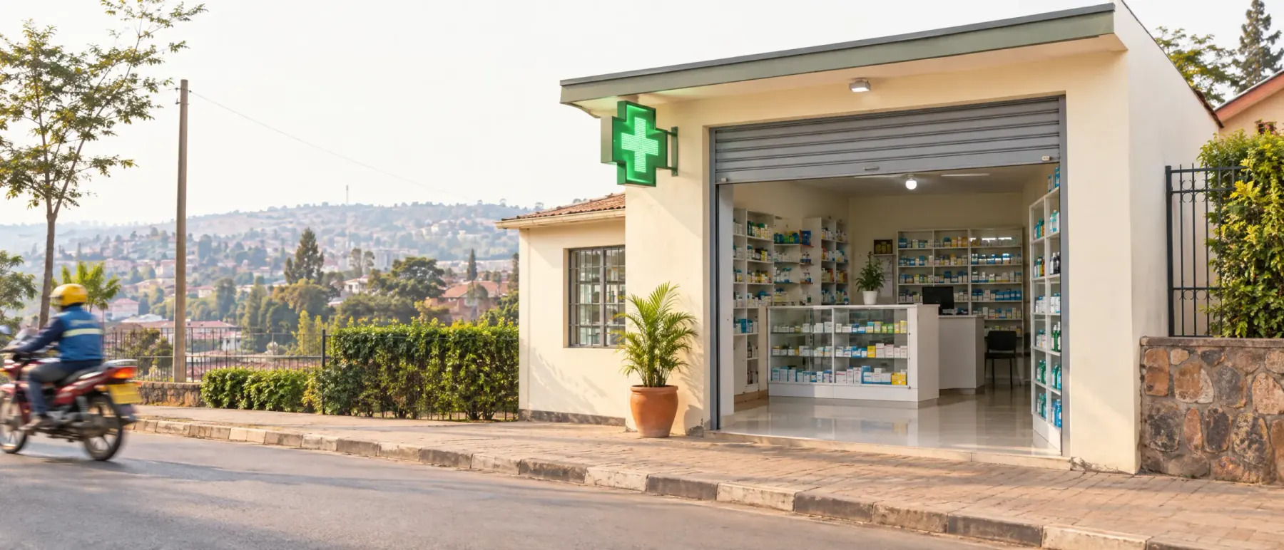 A small neighbourhood pharmacy in Kigali with a green cross sign, open in the morning